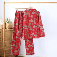 2026 New Spring and Autumn Women's Pajama Set 100% Cotton Retro Color Woven Home Clothes Long Sleeve Long Pants Two Piece Set - Image 2