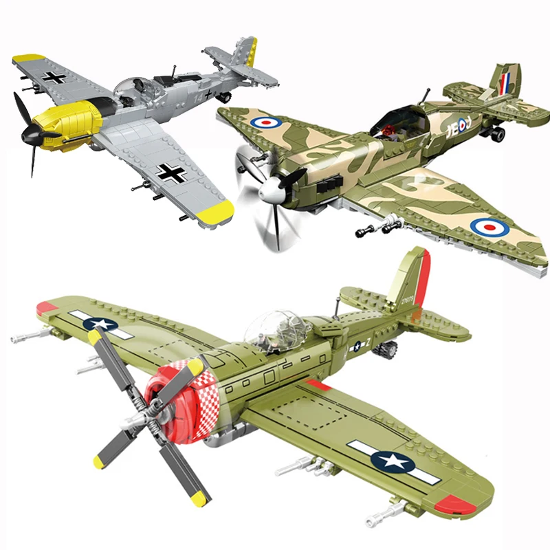 

3 Types ww2 Army US P47 Fighter Building Blocks Spitfire Military Soldier Pilot Figures Weapon Bricks Plane Toys For Children