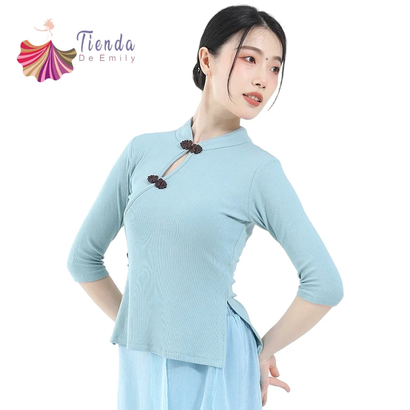 

Short Qipao Top Chinese Traditional Dance Shirt Elegant Knot Button Ribbed Knitted Cheongsam Dress Body Suit Modern Hanfu 2023