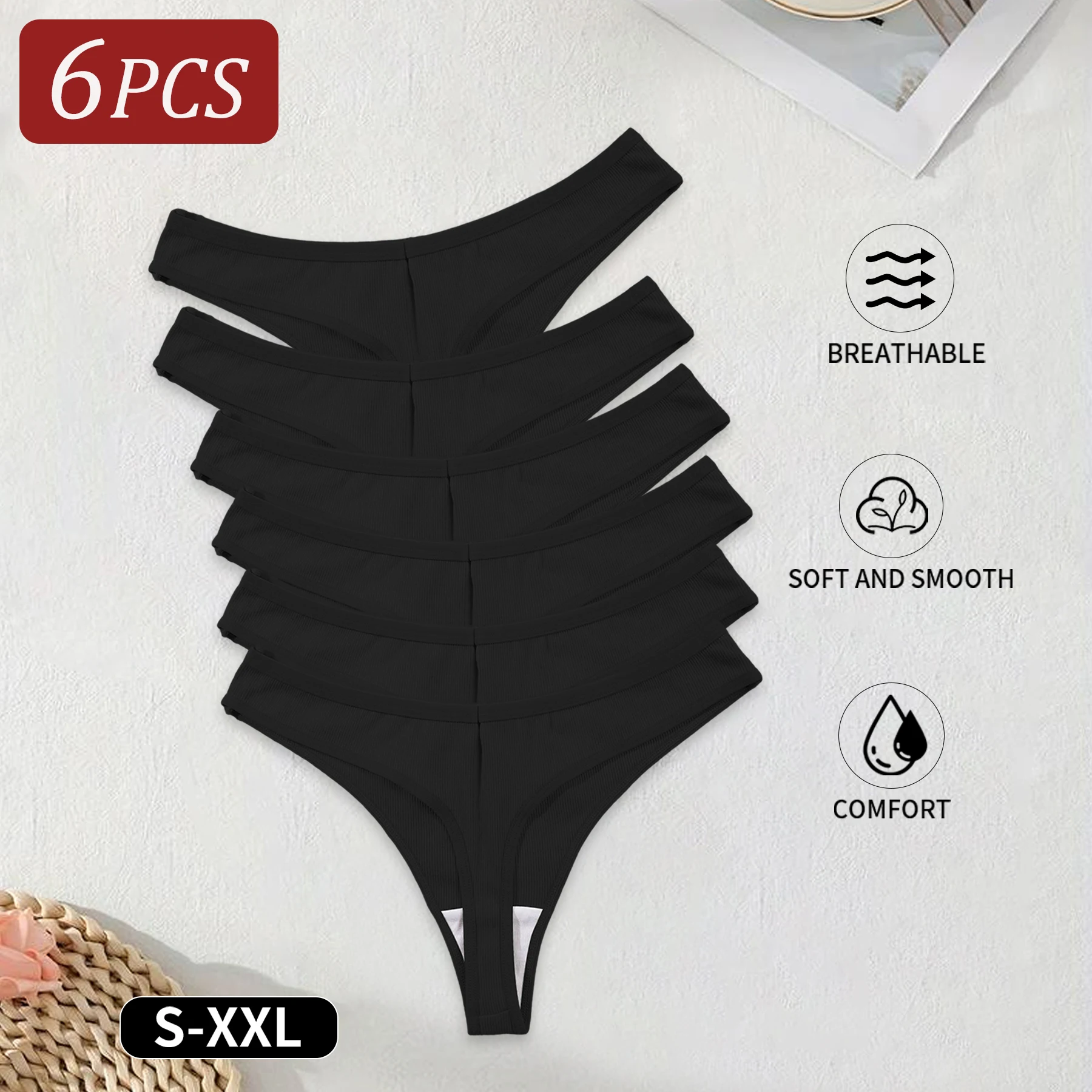 Black Cotton Panties - Women's Low Waist Sexy G-String Breathable Briefs