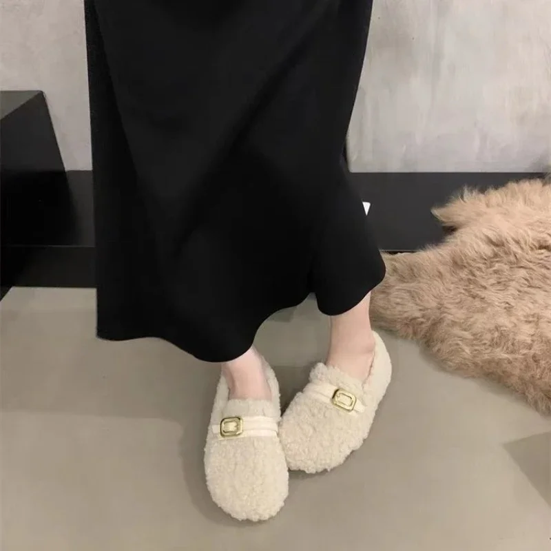 

Wool Round Toe Fashion Shoes Women's Buckle Plush Flats Warm Cotton Loafers Light Cut Comfortable Casual Shoes Solid Color