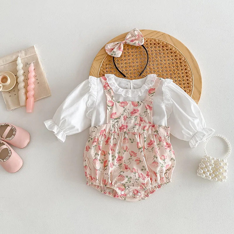2025 Spring Autumn Baby Girls 2PCS Clothes Set Ruffle Solid Cotton Shirts Flower Printed Strappy Romper Suit Toddler Girl Outfit 2