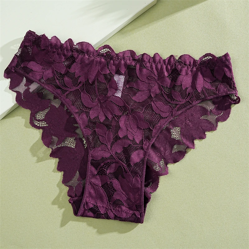 2Pcs Women's Satin Floral Lace Underwear Sexy Hollow Out Panties Solid Low-Waist Perspective Briefs Girls Soft Lingerie