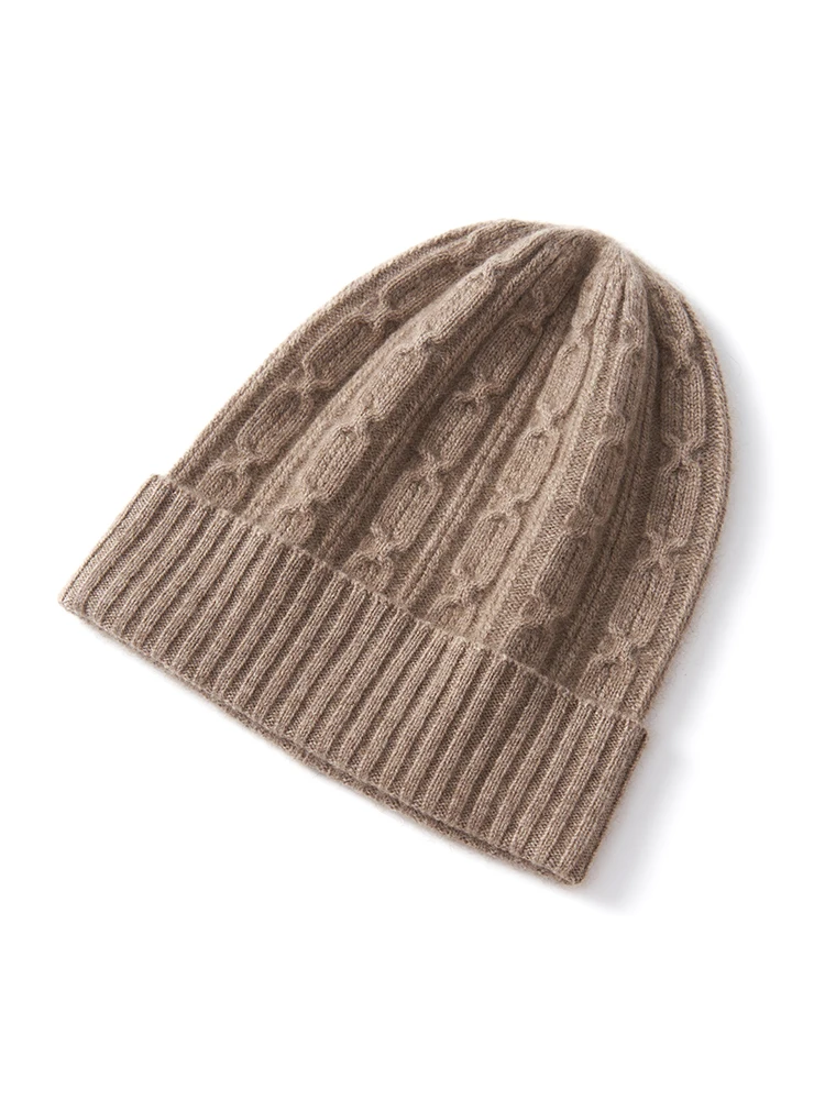 

Women Cashmere Knit Chain Cable Caps Thick Beanies 2023 Winter Vintage Hat Soft Hat Wool Blend Warm High-Street Hair Bonnet