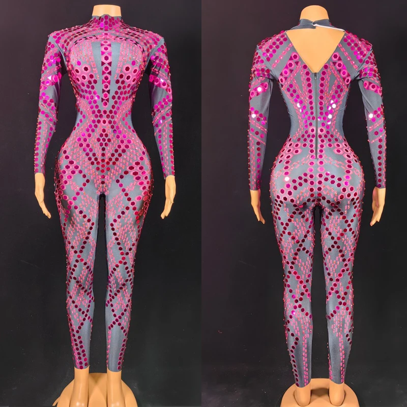 

Pink Sequins Jumpsuit Women Stretch Gogo Dancer Costume Stage Festival Rave Outfit Bar Nightclub DS DJ Jazz Clothing XS6317