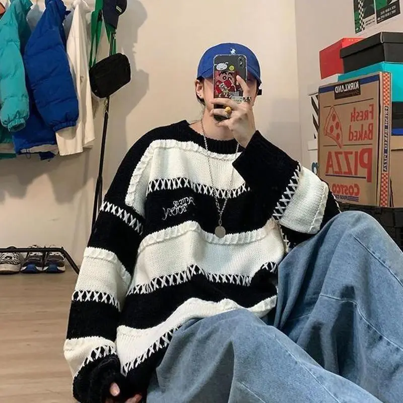 Autumn Winter Knitwear Long Sleeve Stripe Sweaters Men Fashion Harajuku All Match Tops Casual Pullover Thick Loose Male Clothes
