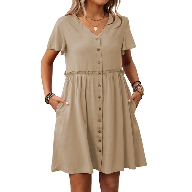 Spring Summer Button Down Dress Flutter Sleeve Cotton Linen A Line Dress With Pockets Beach Summer Knee Length Dresses For Women 2
