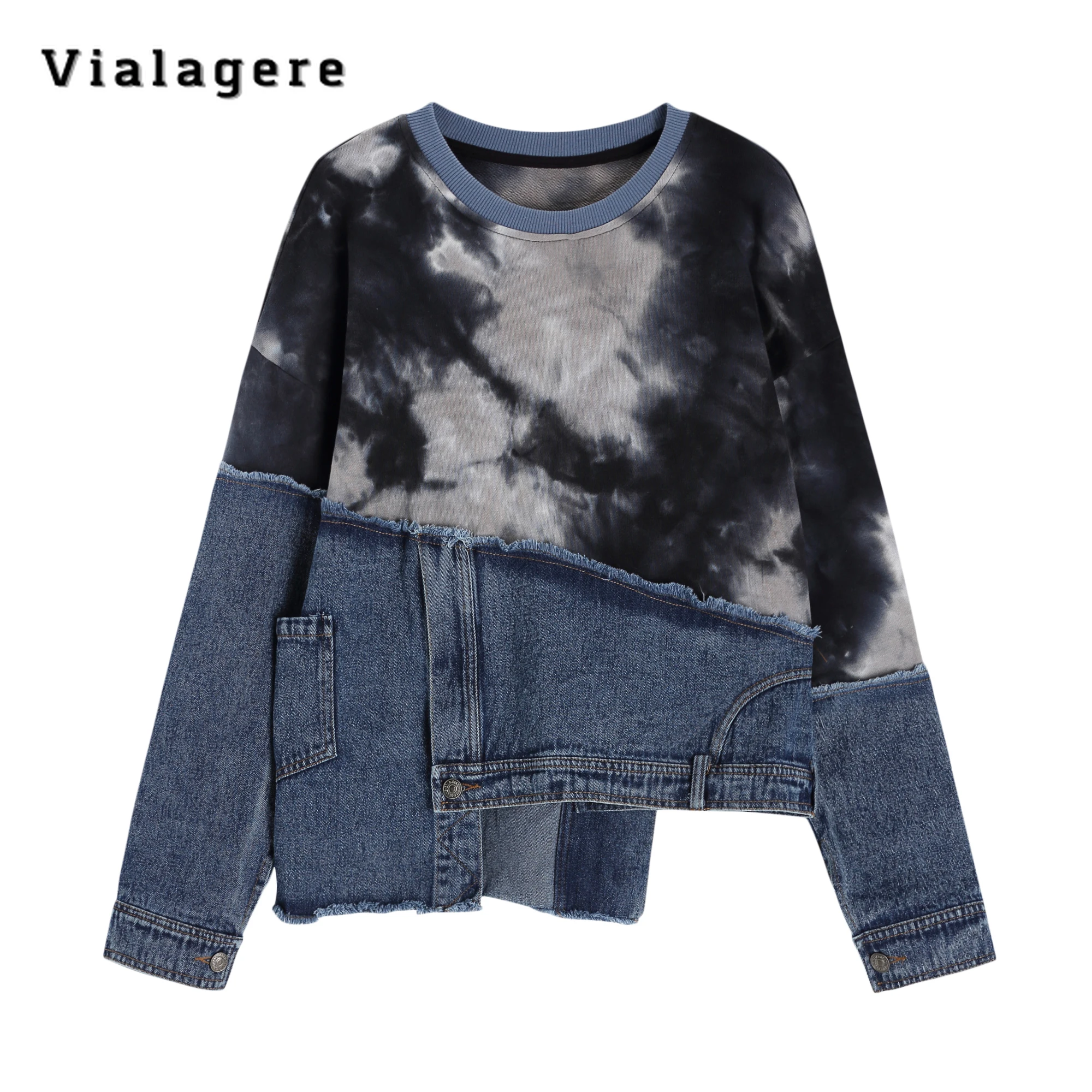 

2023 Autumn Winter American Retro Style Baggy Casual Patchwork Hoodies Top Women's Street Style Blue Y2K Loose Denim Sweatshirts