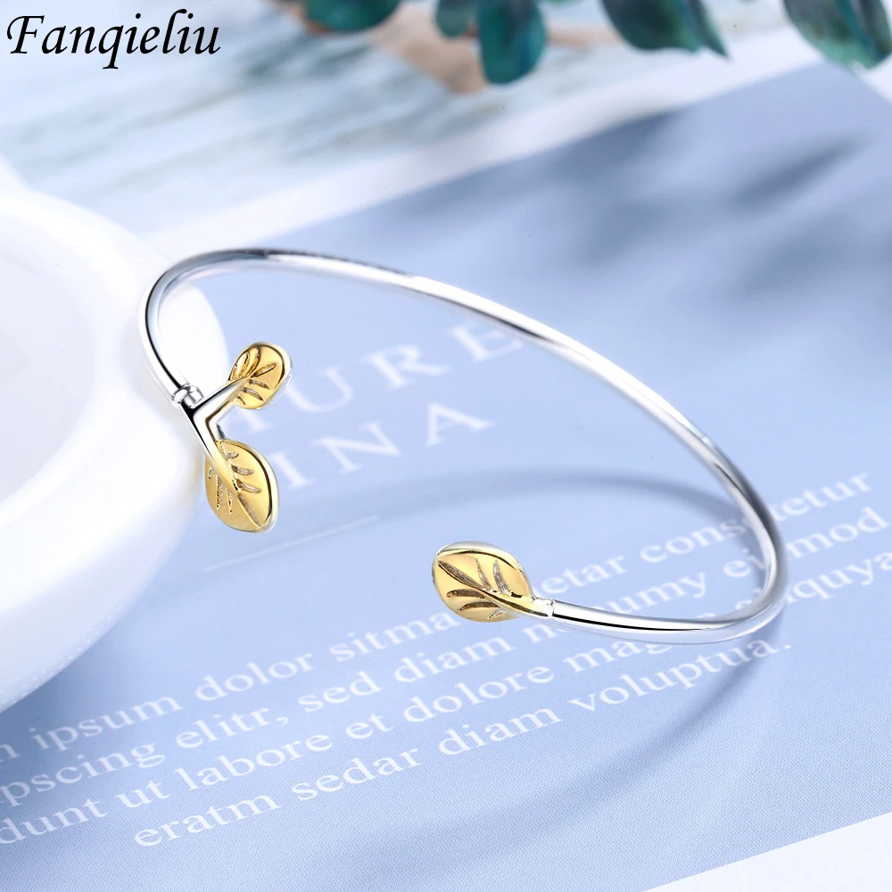 

Fanqieliu S925 Stamp New Woman's Bangles Vintage Gold Leaf Cuff Bracelet Luxury Jewelry Gift For Girl FQL20216