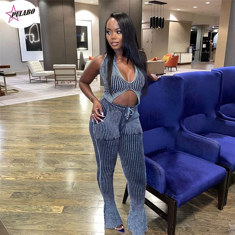 

PULABO Blue Striped Women Casual Two Piece Set Crochet Halter Deepv-Neck Vest+Pocket Pants Skinny Stretch Matching Outfits Set