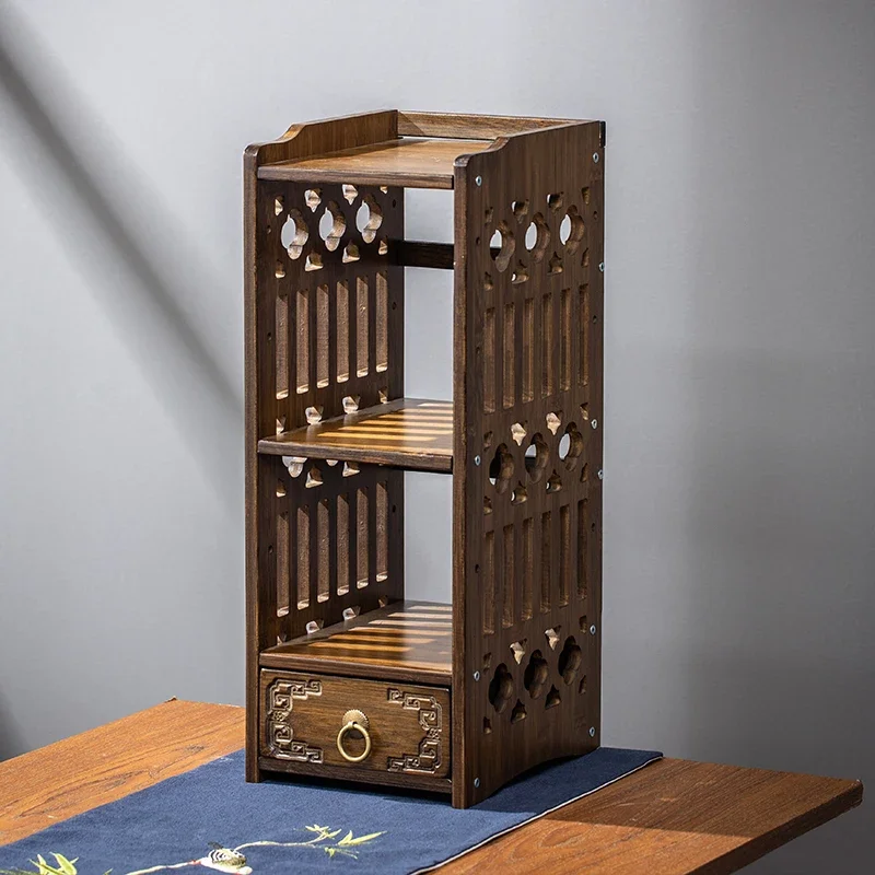 

Chinese Style Retro Desktop Storage Rack Three-layer Bookshelf with Drawers Office and Home Storage Simple Cabinet Space Saving