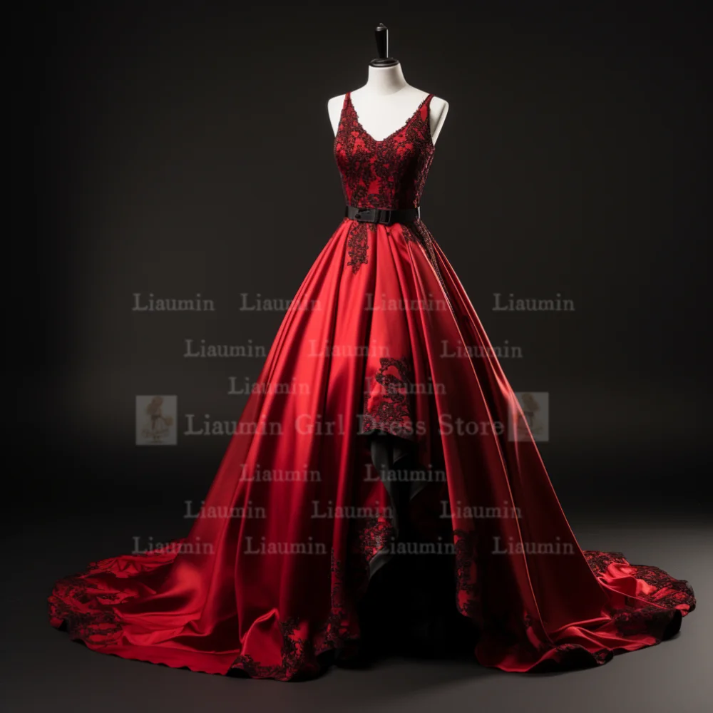 Custom Red Satin and Black Lace Edge Applique Strapless Full Length Lace Up Back Evening Dress Brithday Elagant Clothing  W1-15