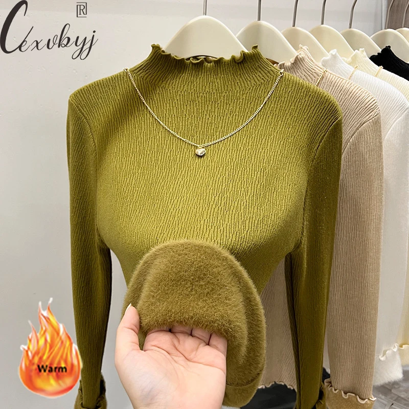 

Plus Velvet Winter Sweater Women Ruffles Half High Collar Knitted Bottoming Top Korean Fashion Long Sleeve Knitwear Pullover