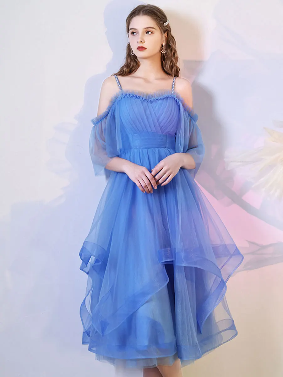 

Korean Short Sweetheart Evening Dresses Blue A Line فساتين سهرة Spaghetti Tulle Robe de soirée Party Prom Gown for Women