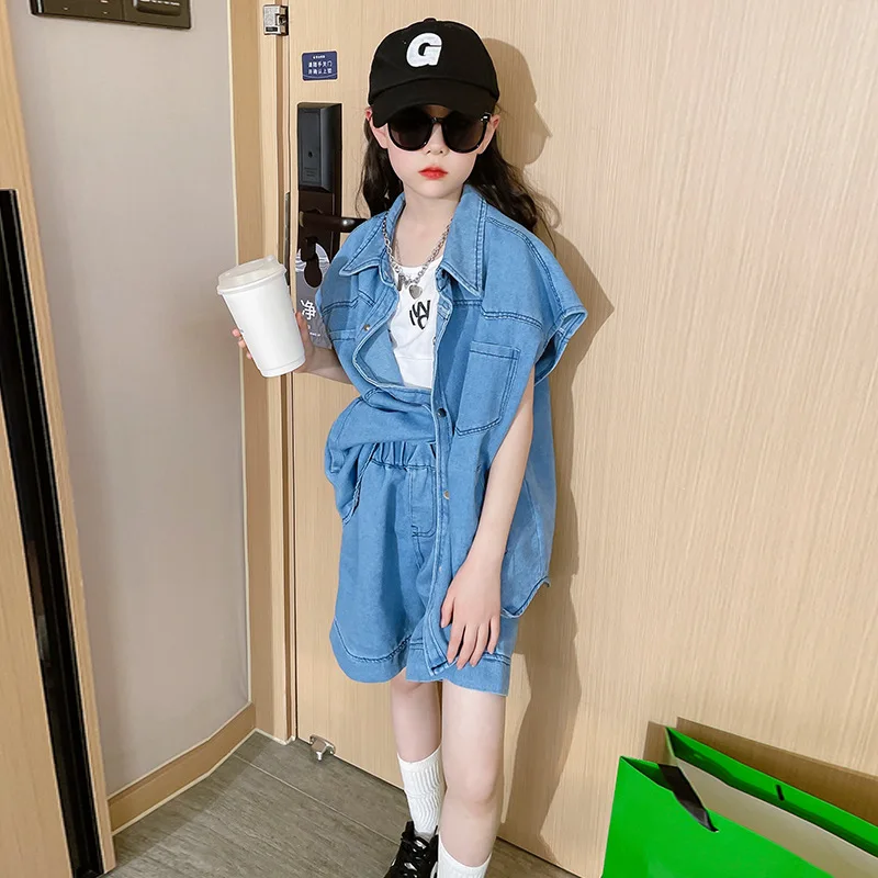 

Teen Fashion Denim Suit Summer New Baby Kids Clothes Casual Clothing Short Sleeve + Shorts Jeans 2pcs Girls Outfits 10 12 14 Yrs