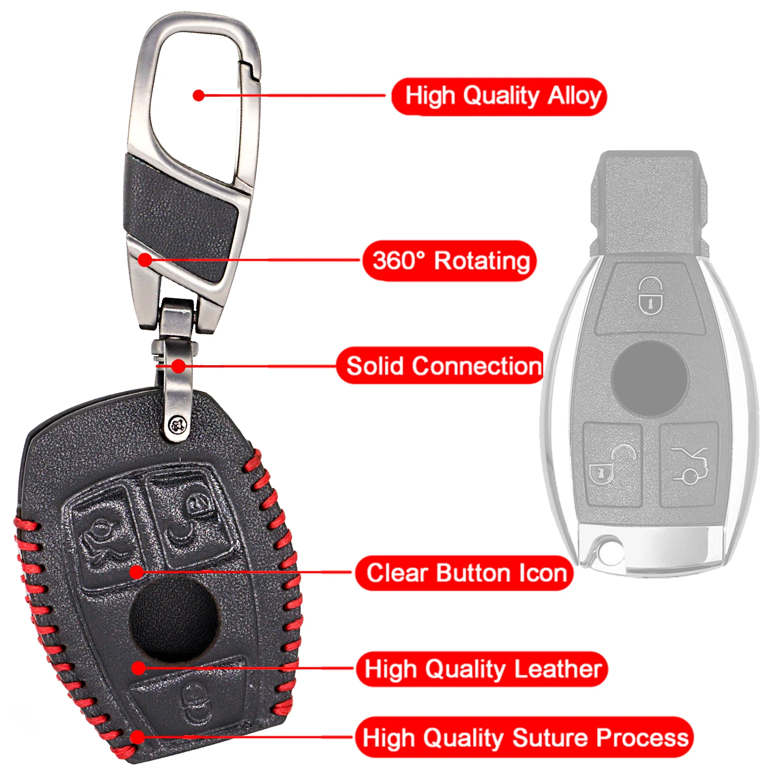 Leather Remote Key Fob Ring Case Cover 3 Button For Mercedes Benz