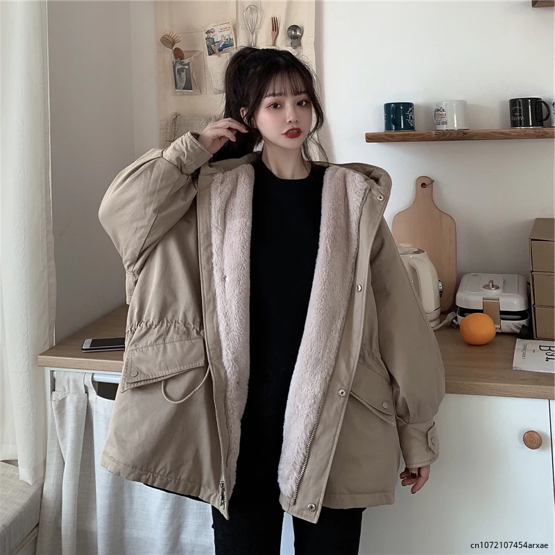 

2023 Harajuku Winter Parkas Women Japan Style Inside Fleece Vintage BF Loose Wadded Jackets Fashion Warm Coat Chaqueta Mujer