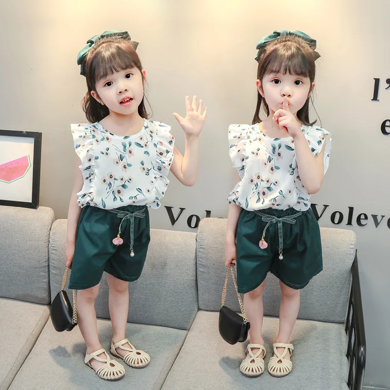 Baby Girl Clothes Summer Fashion Sleeveless Girls Suit Girls Chiffon Flower Sleeveless Top + Shorts Girls Clothing Two Piece baby outfit matching set