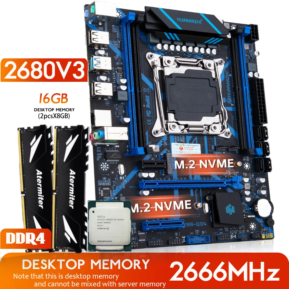  HUANANZHI QD4 Motherboard with combo kit set XEON E5 2680 V3 16GB 2666MHz (2*8G) DDR4 Desktop Memory NVME NGFF USB 3.0 