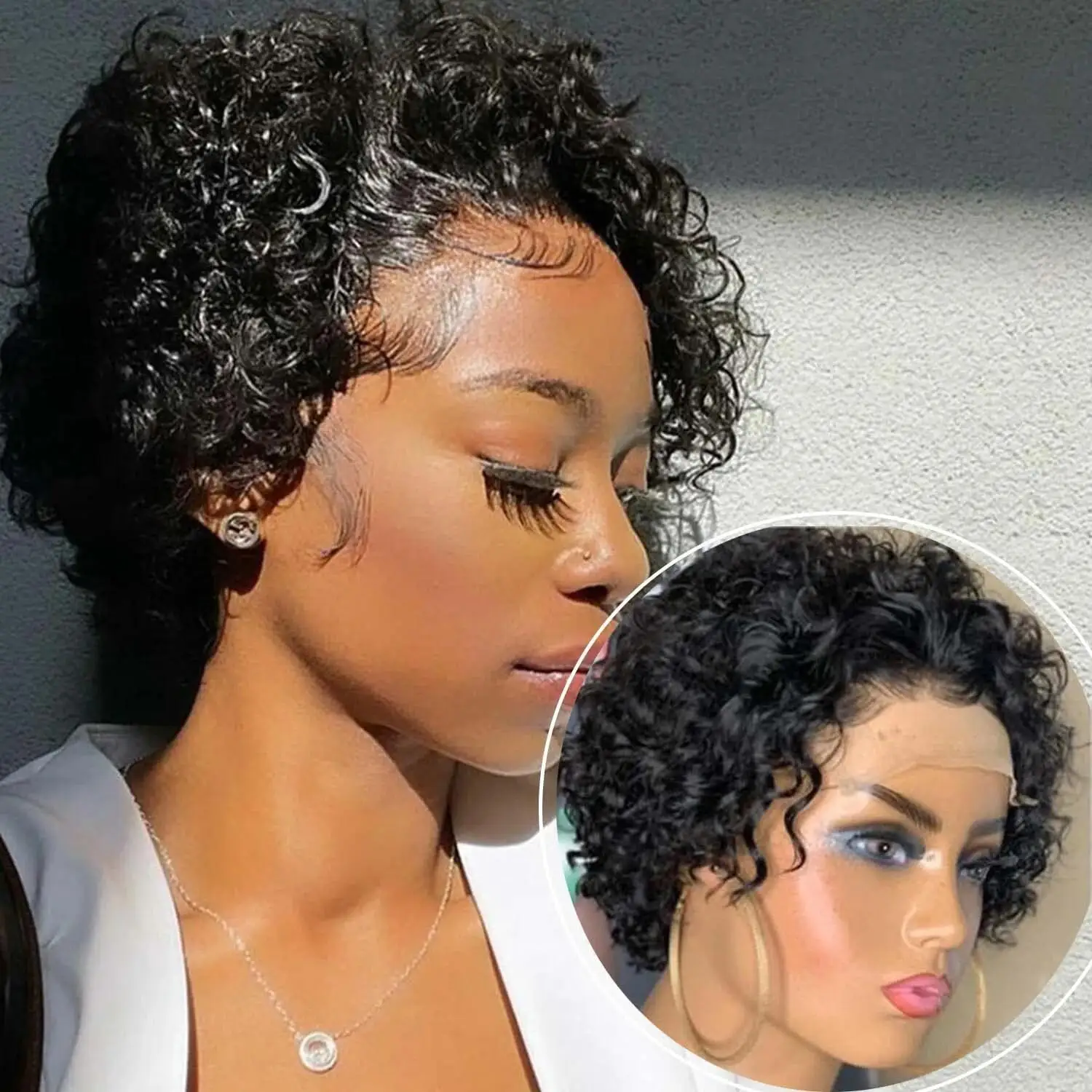 13x1 Transparent Lace Short Curly Pixie Cut Human Wig Cheap Bob Wig Bouncy Curl 100% Human Hair Sassoon Headpiece Natural Black