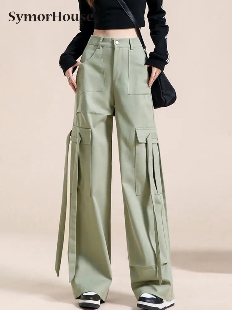 

Spring Summer Autumn Vintage Black Cargo Pants Women Korean Style High Waist Wide -Leg Pants Streetwear Hip Hop Pockets Trousers