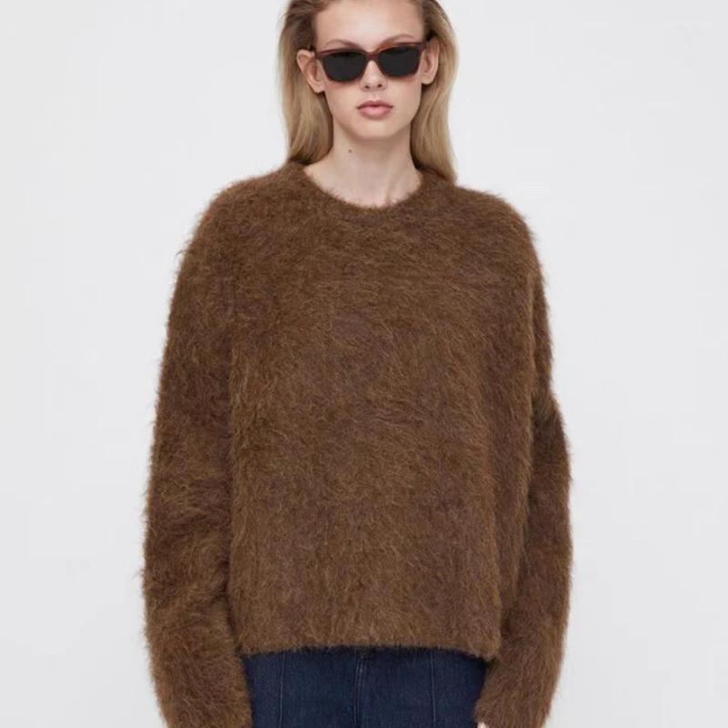 

T0T* women's new fall and winter sweater alpaca wool blend loose casual round neck long-sleeved knit sweater sweater jumper