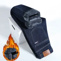 All-match Retro Denim Trousers Winter High Quality Men's Warm Slim Fit Jeans Thicken Fleece Stretch Business Brand Pants 28-40