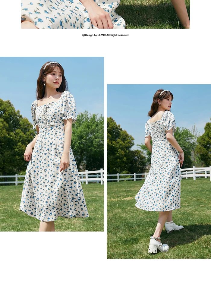 Dress Women Texture Chiffon Floral Romantic Temperament Square Neck Tea Break Dress