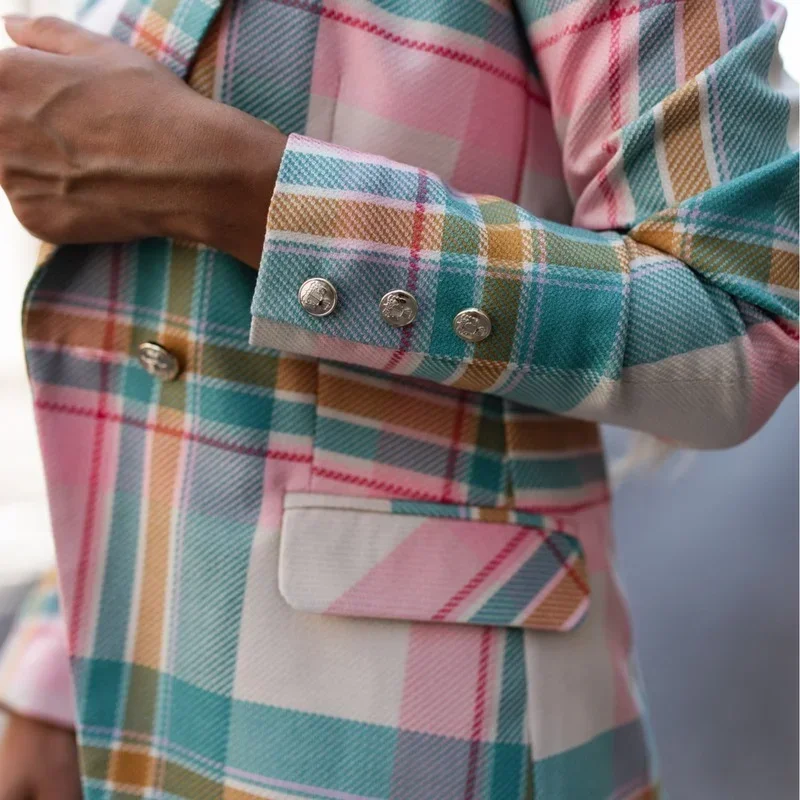 Casual Loose Long Sleeve Jackets for Women  New Lapel Plaid Blazer Women Double Breasted Suits Jacket Office Ladies Clothing