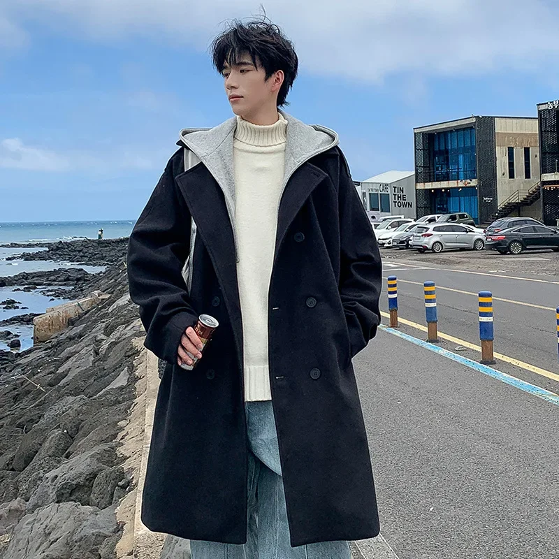 New Windbreaker Coat Autumn/Winter Contrast Color Fake Two Piece Woolen Coat Detachable Hooded Woolen Coat Men Mid Length Large new fashion autumn winter knitted fake collar scarf women warm turtleneck neck warmer detachable winter warm windproof scarf