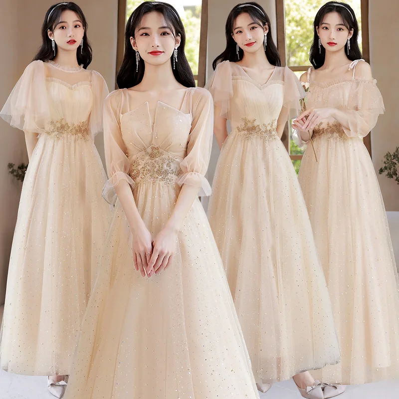 

Champagne Bridesmaid Dresses Elegant Applique Sequins Tulle Lace-Up Sister Group Wedding Party Dress Female Formal Gowns