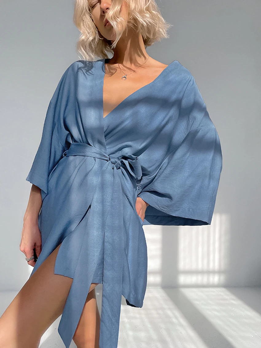 Marthaqiqi Fashion Ladies Robe Sexy V-Neck Bathrobe Long Sleeve Pajamas Lace Up Sleepwear Mini Dress Casual Home Clothes Women