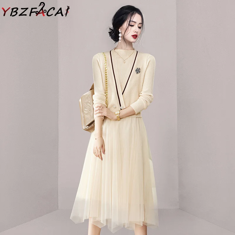 

French Solid Color Knit Dress Elegant Women's Fall Winter Mesh Splicing MidiSweater Dress Fashion Sweater Jacket + Skirt Set