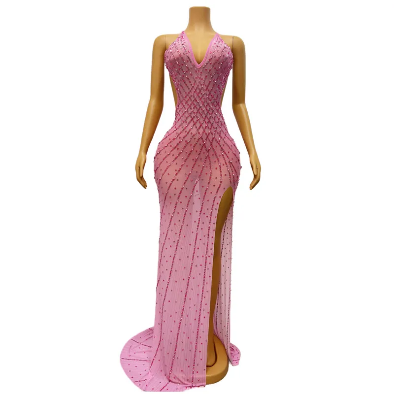 

Luxury Sexy Transparent Catwalk Stage Performance Costume Mesh Pink White Rhinestones V-neck Backless Split Trailing Long Dress