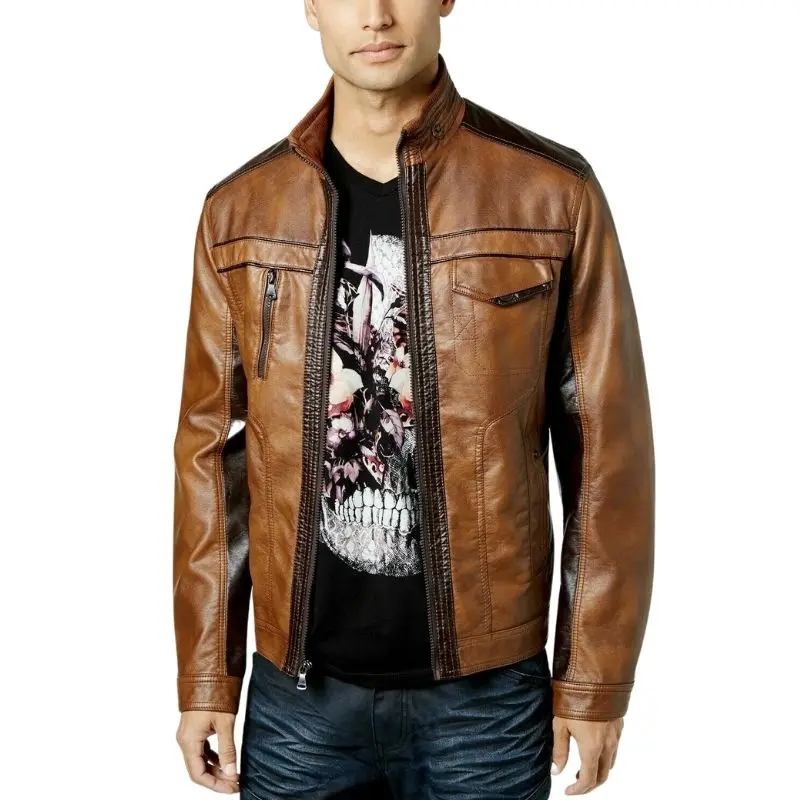 New Pattern Men Antique Tan Brown Genuine Lambskin Leather Retro Biker Jacket