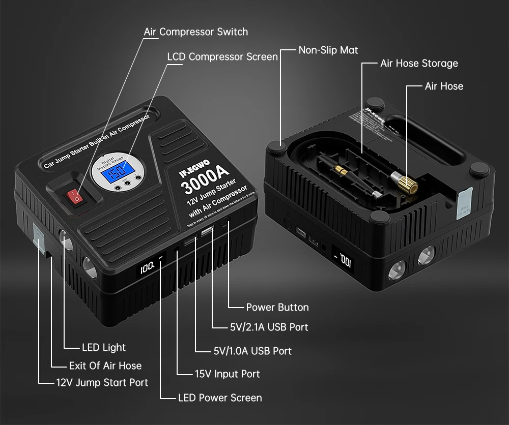 2000A 3000A Car Jump Starter Device Booster Air Compressor 24000mAh Power Bank Emergency Battery Charger Starting 12V