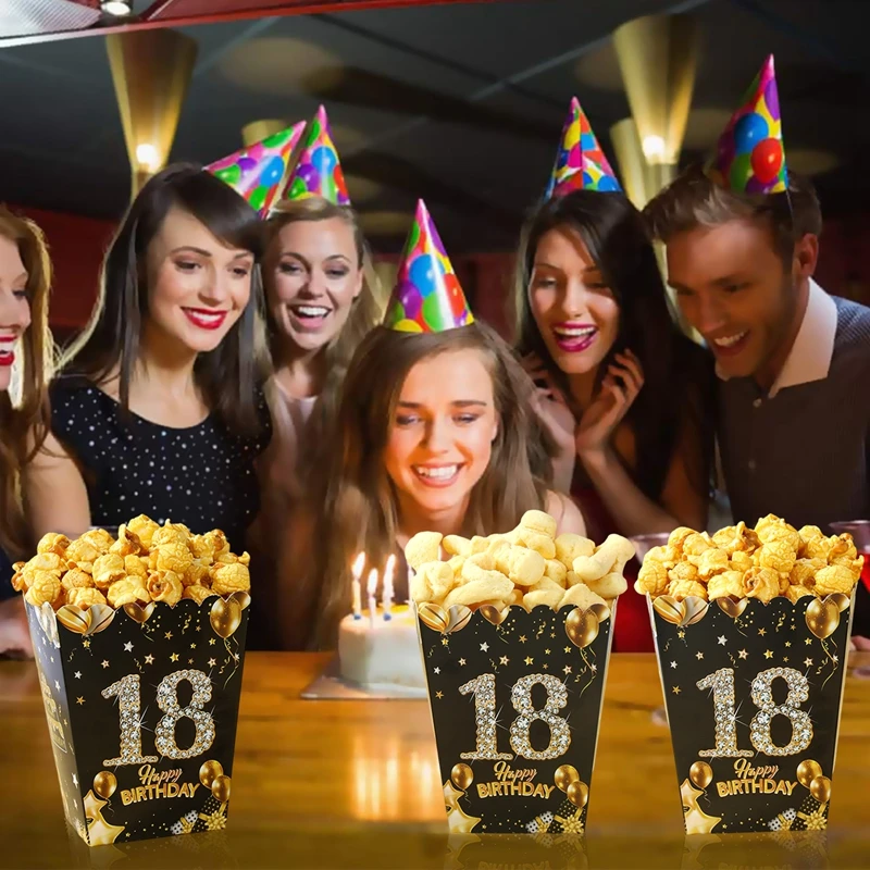 Description Picture 3 of item6pcs Birthday Paper Popcorn Box Black Gold Party Favor Treat Box for 18 21 30 40 50 60 Years Old Aldult Birthday Party Suplies