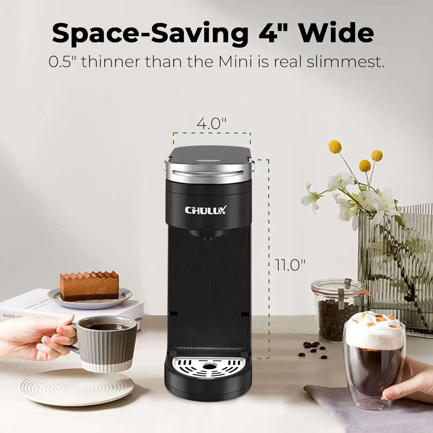 NEW Slim Single Serve Coffee Maker for K Cup Pods & Ground Coffee, One Cup Coffee Maker Fits 7.3" Travel Mugs 4