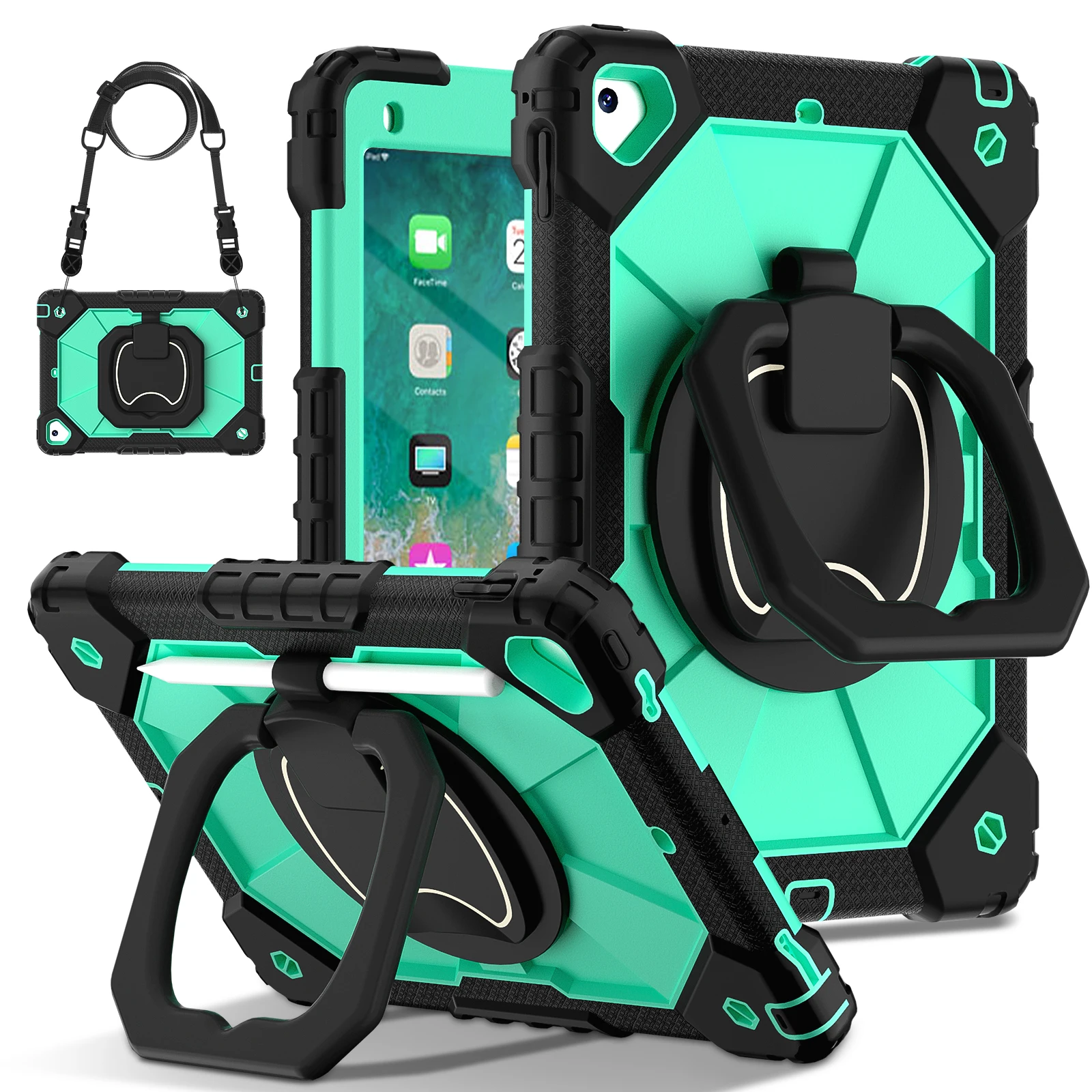 Rugged 360° Rotating Tablet Case with Stand and Shoulder Strap