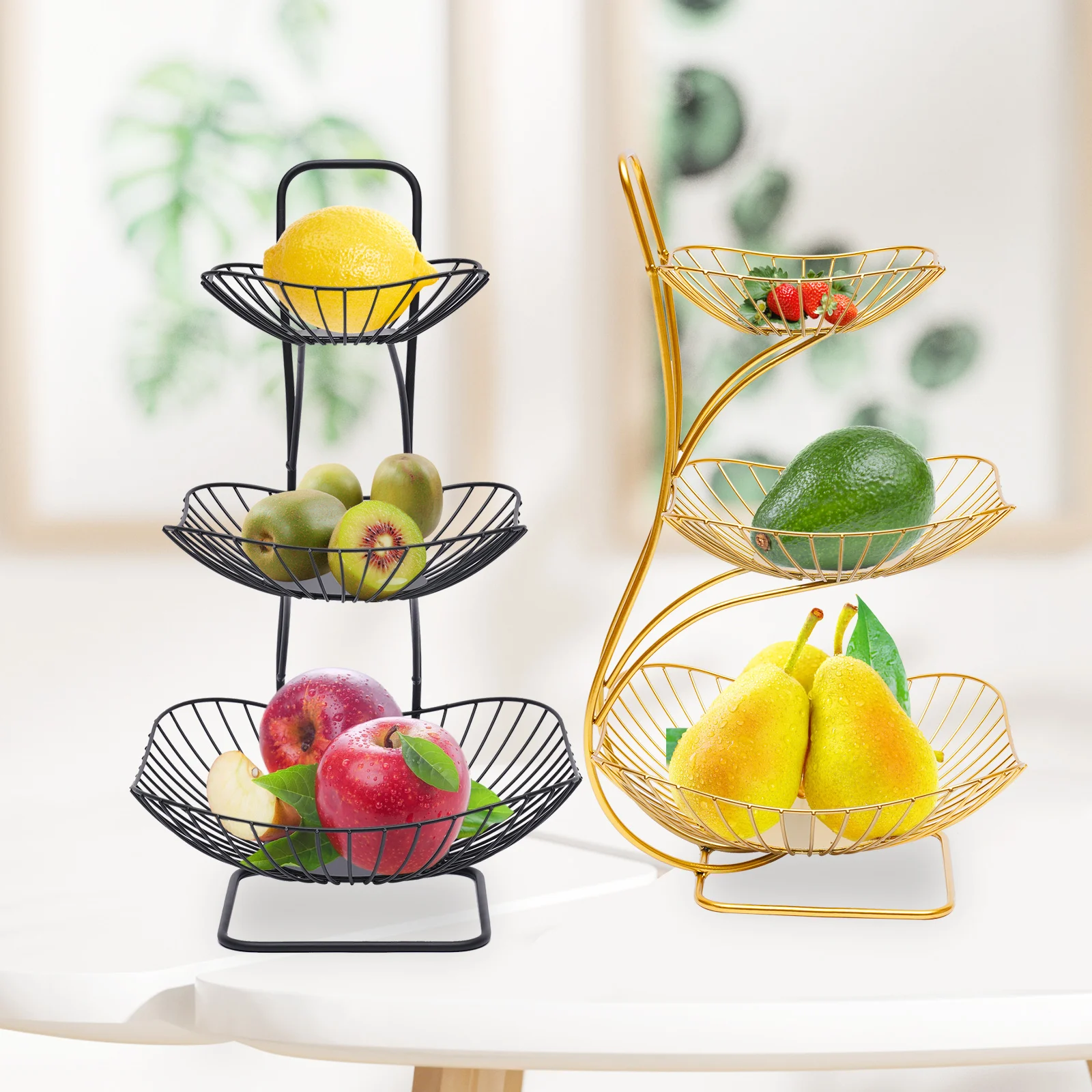 3-Tier Fruit Plate Vegetable Bowl Basket Holder Storage Stand Organizer Black/Gold