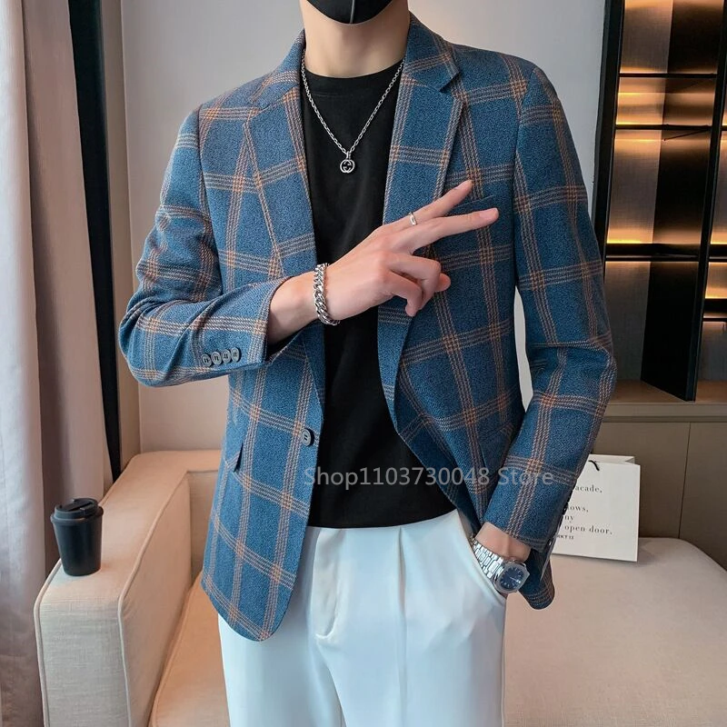 High Quality Fashion with Handsome British Style Plaid Business Men's Notch Lapel Suit Coat Casual Mens Blazer S-6XL Jacket