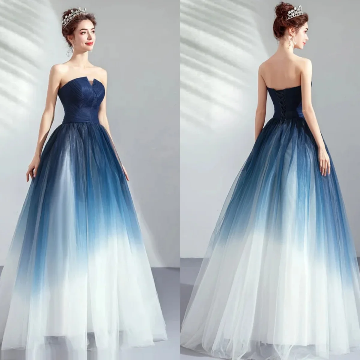 

Evening Dresses Blue Satin Tulle Pleat Sleeveless Strapless Lace up A-Line Floor Length Plus Size Women Party Formal Gowns E263