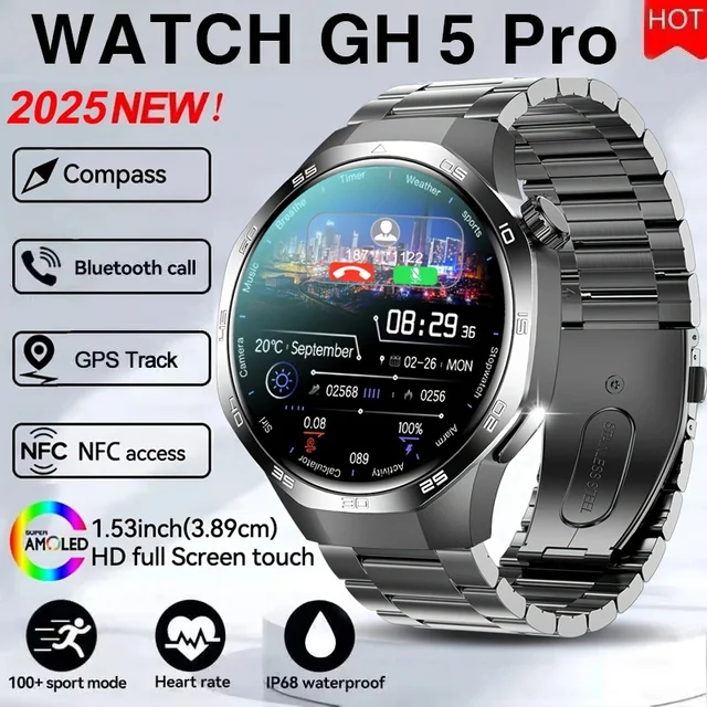 2026 Watch 5 Pro GPS Track Compass Smart Watch Men 360*360 AMOLED Screen NFC BT Call Waterproof Health Monitor Man Smartwatches