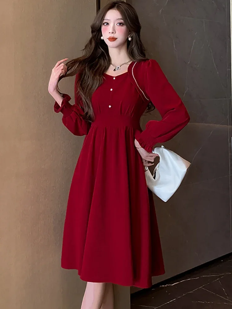 

2023 Red Chic Embroidered Flares Ruffled Dress Autumn Winter Elegant Dress for Special Events Women Korean Vintage Bodycon Dress