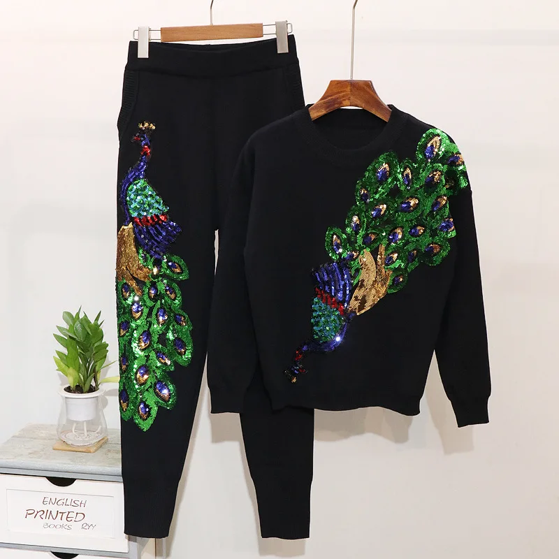 

AYUALIN 2022 Boho Elastic Waist Knitted Pants Sets Sequined Peacock Sweater Casual O-neck Long Sleeve Pullover Autumn Sport Set