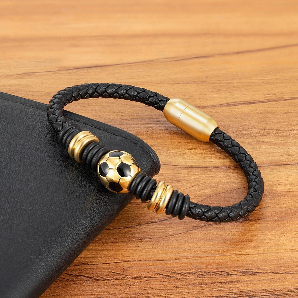 Leather Bracelet Men's Stainless Steel Button Football Accessories