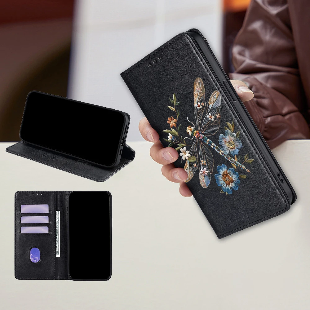 Dragonfly Flower Pattern Leather Flip Cover