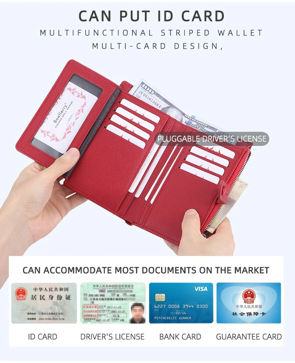 Baellerry 2025 Women's Long Wallet with Buckle - Litchi Grain Pu leather Multi Card Slots, Zipper Coin Pocket Gift