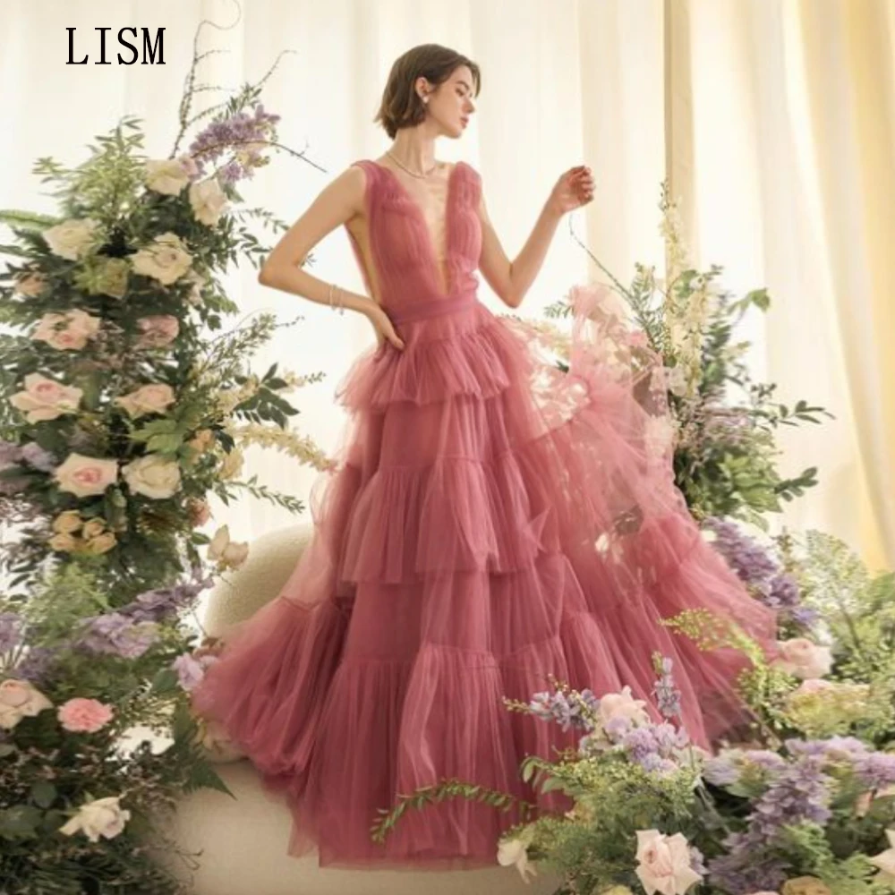 

LISM Luxury V-neck Tulle Princess Dresses Spaghetti Straps A-line Formal Evening Prom Gowns Tiered Floor Length Custom Made