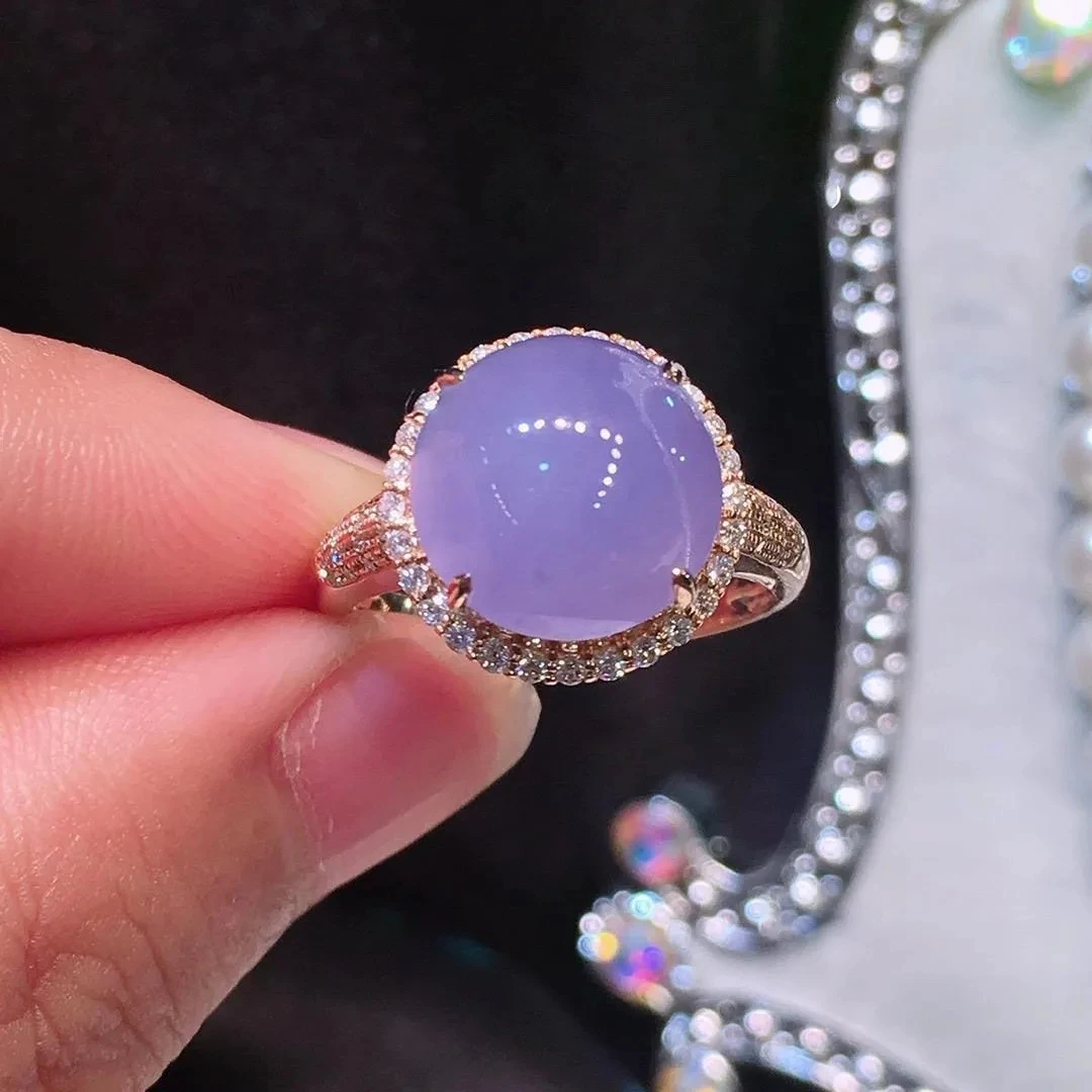 S925 Silver natural chalcedony ice seed inlaid with violet ring ring ring female high-end luxury